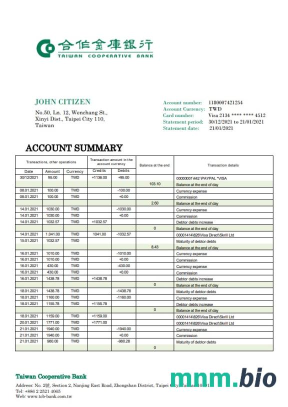 Tajwański Bank Spółdzielczy szablon w formacie excel pdf